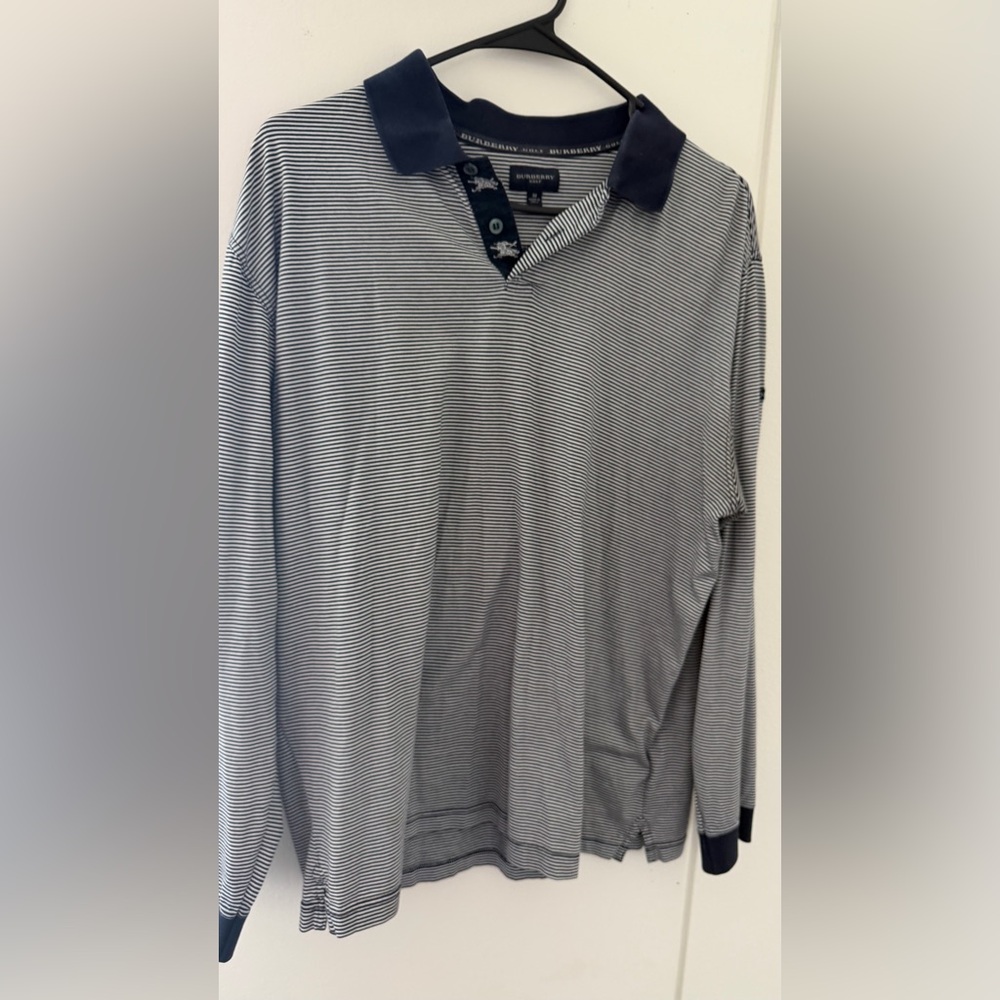 Burberry Golf Navy and White Striped Polo Shirt
